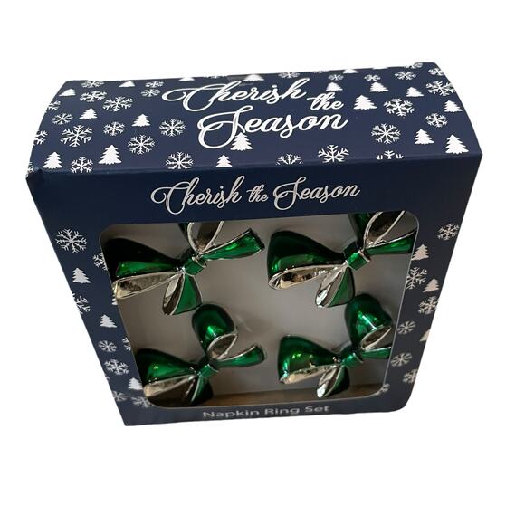 Green Bow Christmas Napkin Rings Set of 4 Silver Holiday Glam Cherish the Season - Picture 5 of 14
